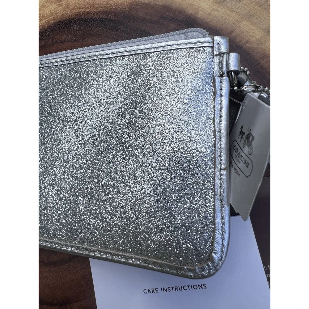 Coach Silver Metallic Glitter Leather Zip Legacy Wristlet Clutch Phone Pouch